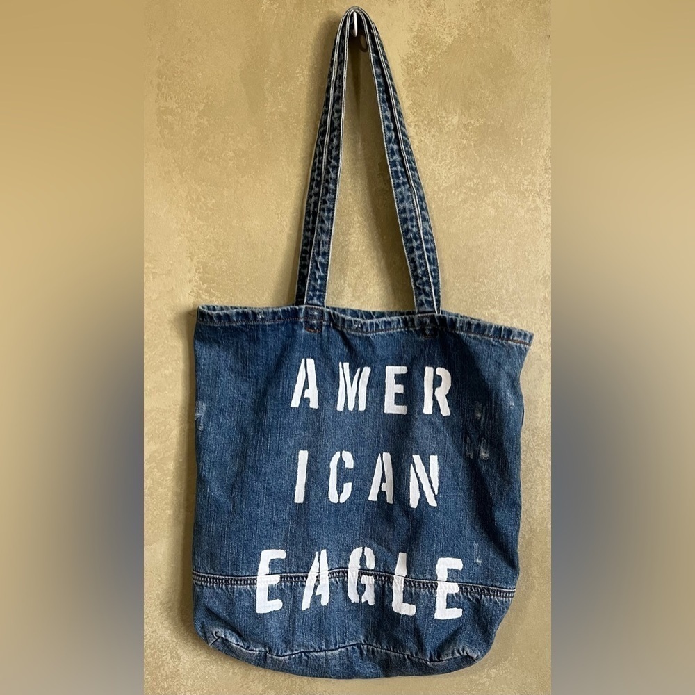 Distressed Logo Denim Y2K shopping Tote Bag
